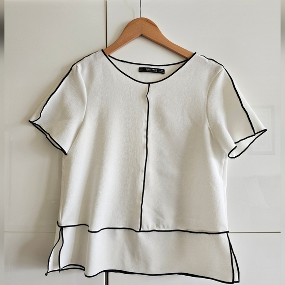 Zara Short Sleeve Contrast Side Slit Lightweight Blouse - Picture 1 of 12